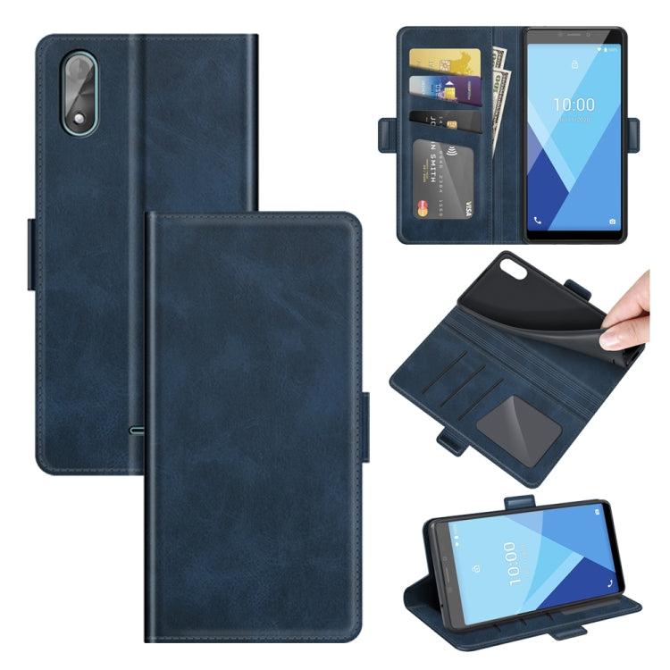 Para Wiko Y51 Hebilla magnética de doble lado de la caja de cuero hebilla horizontal con soporte y tragamonedas y billetera (azul oscuro)