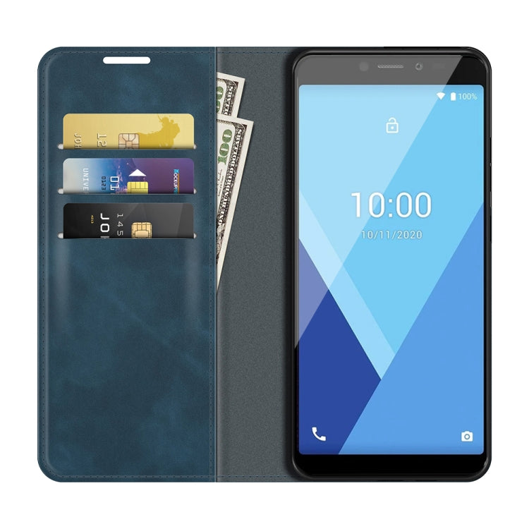 Para Wiko Y51 Funda de cuero de succión magnética de negocios de la piel retro-piel con soporte y ranuras para tarjetas y billetera (azul oscuro)