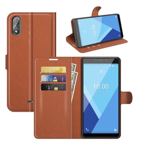 Para Wiko Y51 Litchi Texture Horizontal Flip Funda protectora con soporte y ranuras para tarjetas y billetera (marrón)