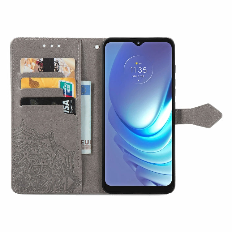 Para Motorola Moto G50 Mandala Patrón de estampado de estampado de estampado horizontal Funda de cuero con soporte y ranuras para tarjetas y billetera y cordón (gris)