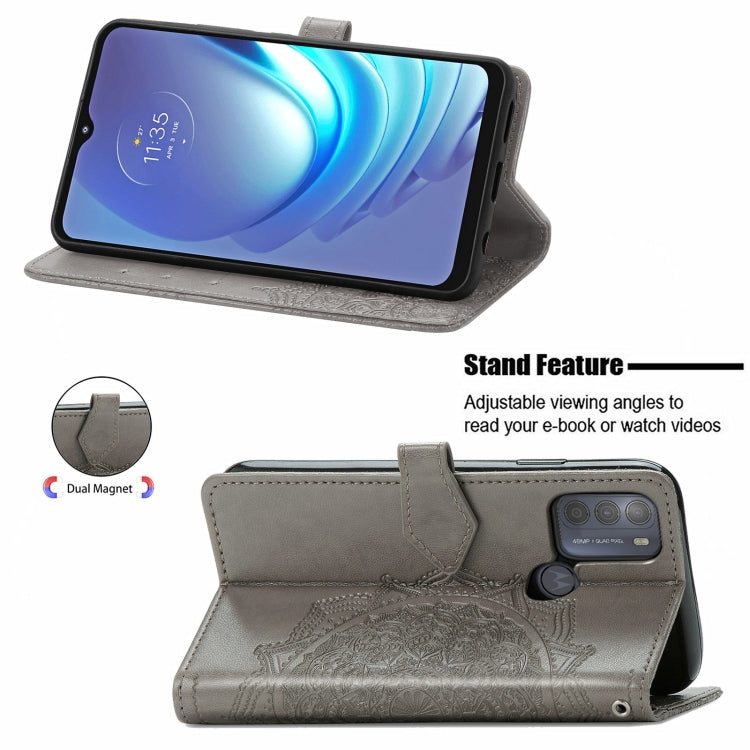 Para Motorola Moto G50 Mandala Patrón de estampado de estampado de estampado horizontal Funda de cuero con soporte y ranuras para tarjetas y billetera y cordón (gris)