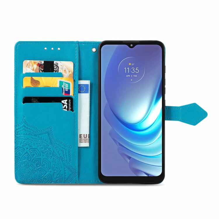 Para Motorola Moto G50 Mandala patrón de estampado de estampado horizontal Funda de cuero con soporte y tragamonedas y billetera y cordón (azul)