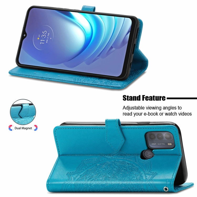 Para Motorola Moto G50 Mandala patrón de estampado de estampado horizontal Funda de cuero con soporte y tragamonedas y billetera y cordón (azul)