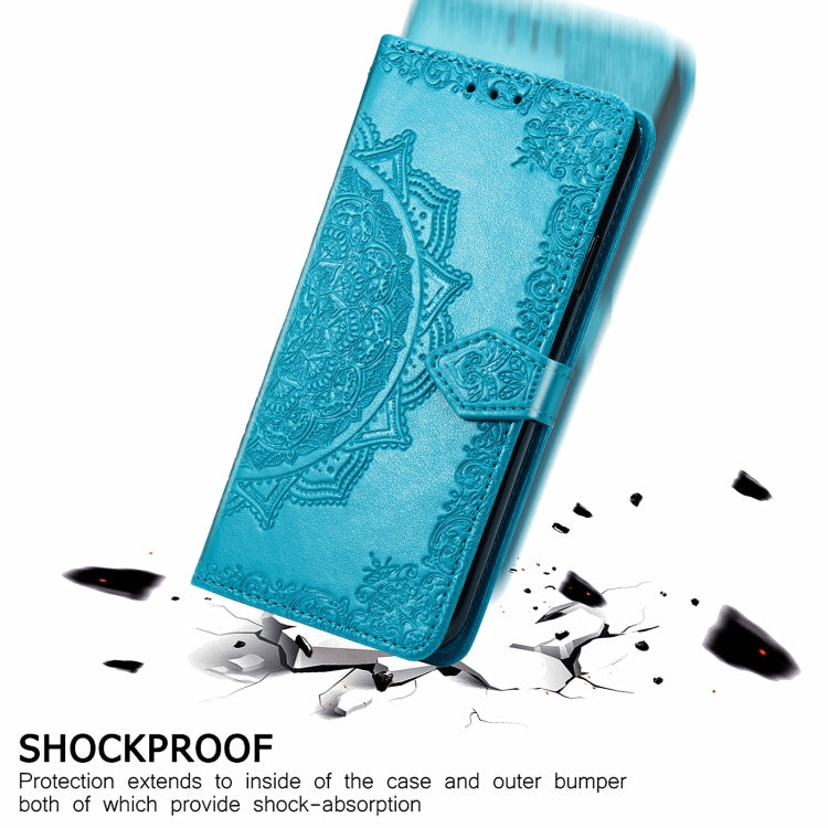 Para Motorola Moto G50 Mandala patrón de estampado de estampado horizontal Funda de cuero con soporte y tragamonedas y billetera y cordón (azul)