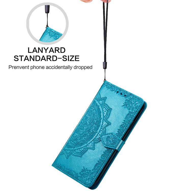 Para Motorola Moto G50 Mandala patrón de estampado de estampado horizontal Funda de cuero con soporte y tragamonedas y billetera y cordón (azul)