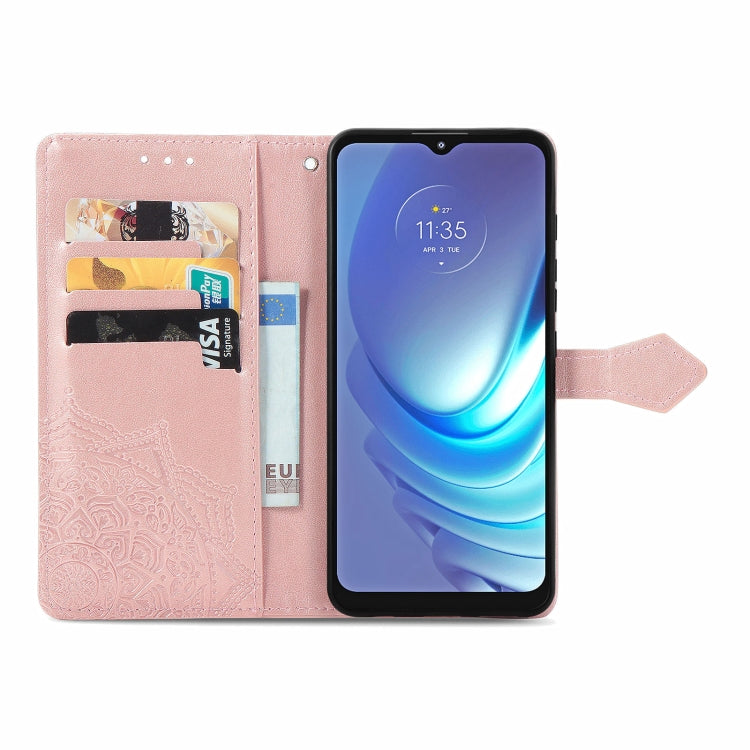 Para Motorola Moto G50 Mandala patrón de estampado en relieve Funda de cuero con soporte y ranuras para tarjetas y billetera y cordón (oro rosa)