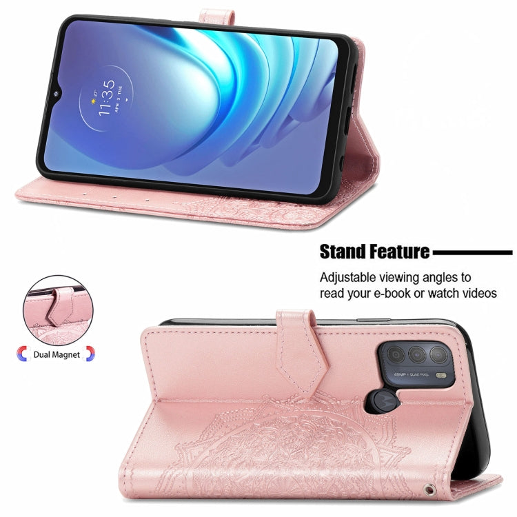 Para Motorola Moto G50 Mandala patrón de estampado en relieve Funda de cuero con soporte y ranuras para tarjetas y billetera y cordón (oro rosa)