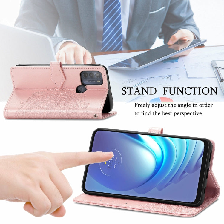 Para Motorola Moto G50 Mandala patrón de estampado en relieve Funda de cuero con soporte y ranuras para tarjetas y billetera y cordón (oro rosa)