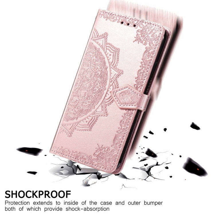 Para Motorola Moto G50 Mandala patrón de estampado en relieve Funda de cuero con soporte y ranuras para tarjetas y billetera y cordón (oro rosa)
