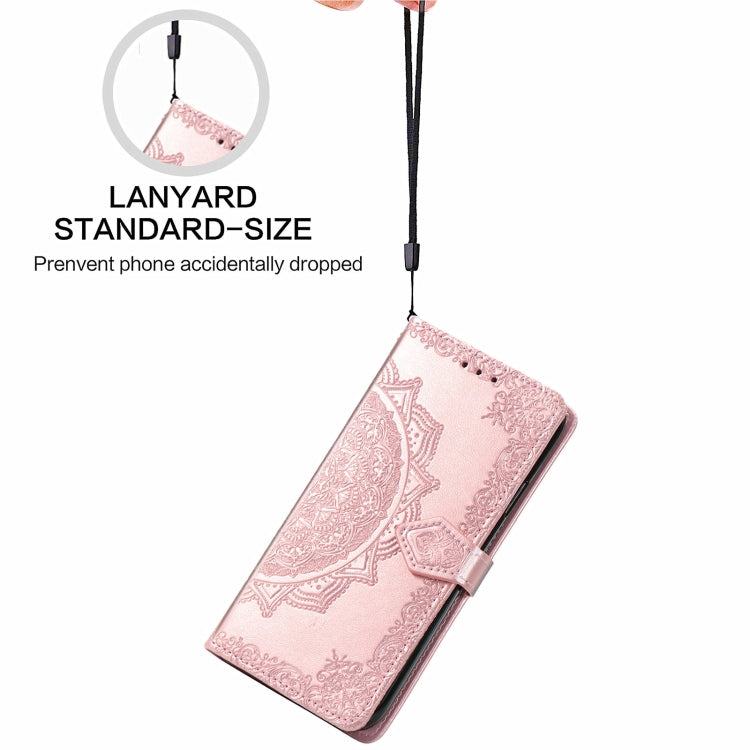 Para Motorola Moto G50 Mandala patrón de estampado en relieve Funda de cuero con soporte y ranuras para tarjetas y billetera y cordón (oro rosa)