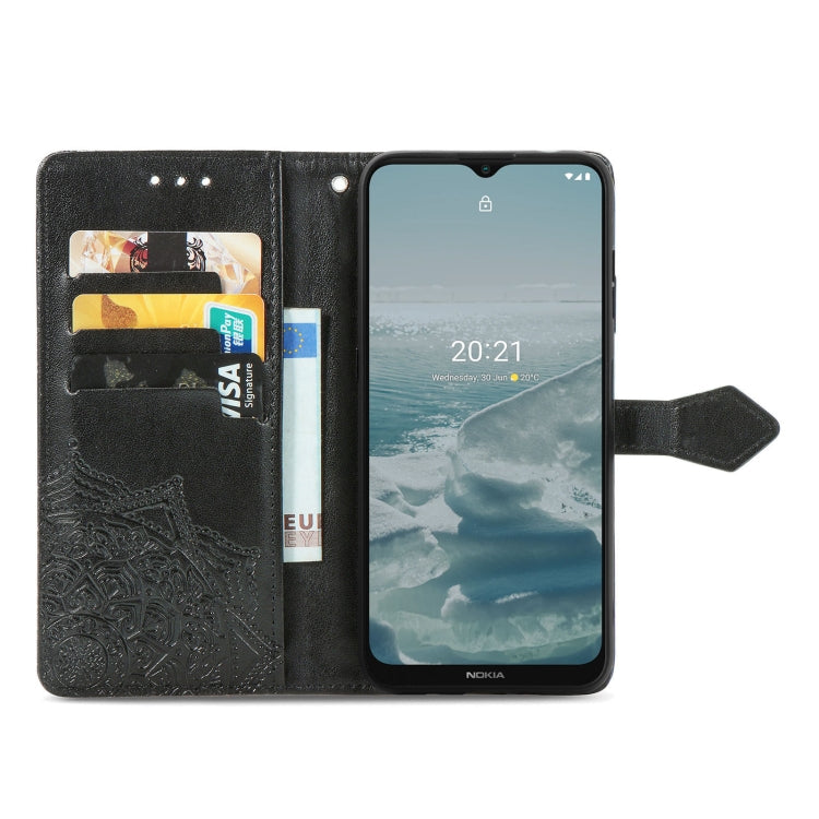 Para Nokia 6.3 Mandala Patrón de estampado en relieve Funda de cuero con soporte y ranuras para tarjetas y billetera y cordón (negro)