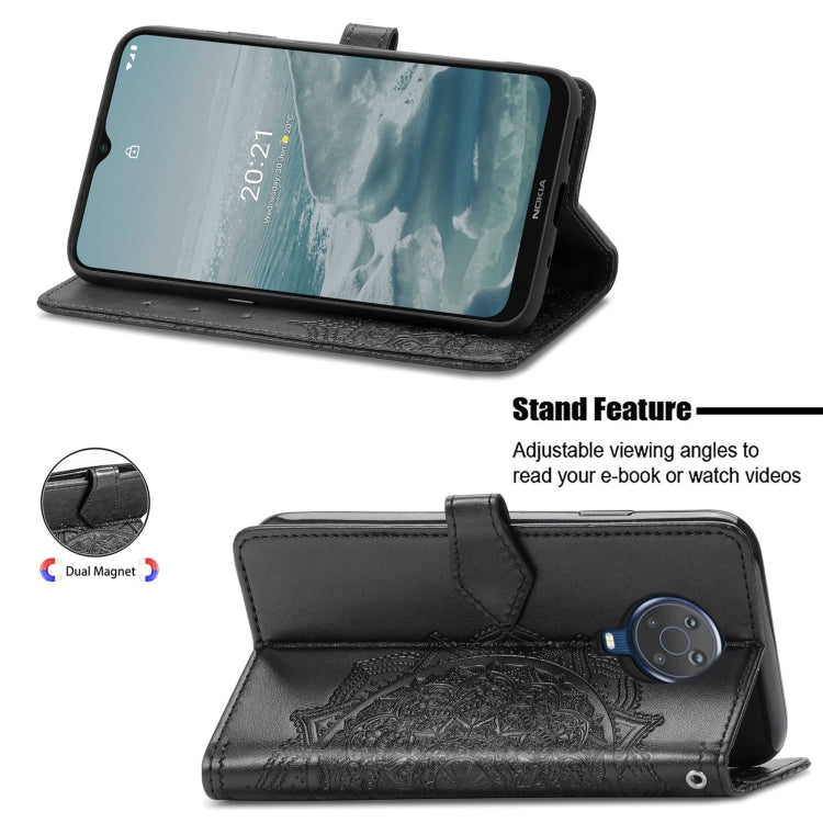 Para Nokia 6.3 Mandala Patrón de estampado en relieve Funda de cuero con soporte y ranuras para tarjetas y billetera y cordón (negro)