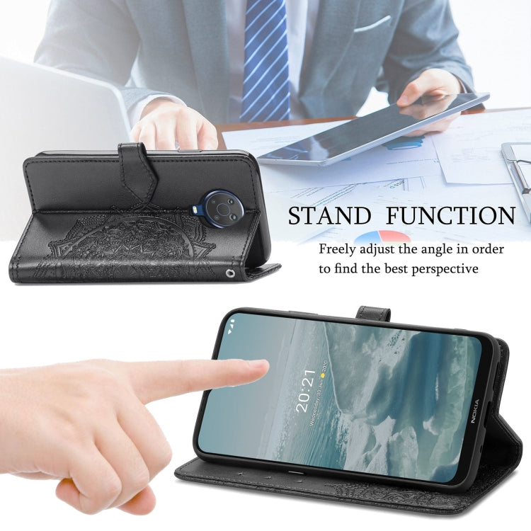 Para Nokia 6.3 Mandala Patrón de estampado en relieve Funda de cuero con soporte y ranuras para tarjetas y billetera y cordón (negro)