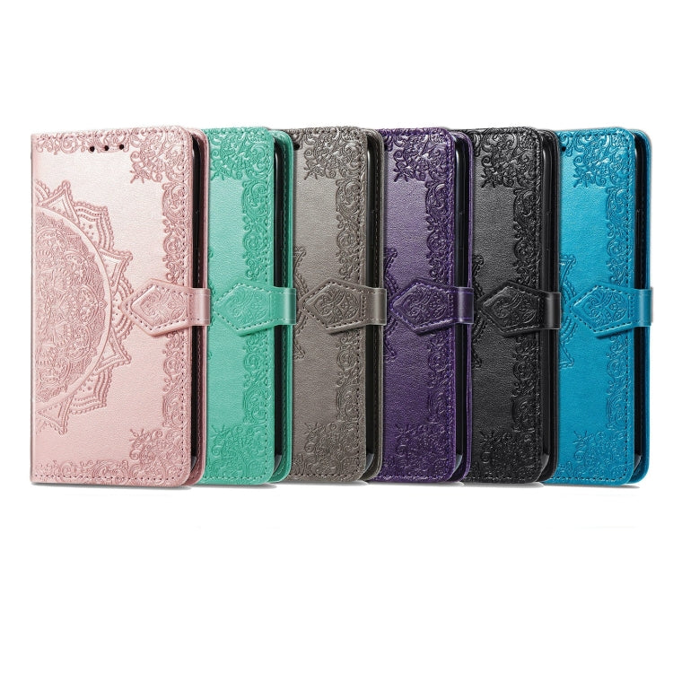 Para Nokia 6.3 Mandala Patrón de estampado en relieve Funda de cuero con soporte y ranuras para tarjetas y billetera y cordón (negro)