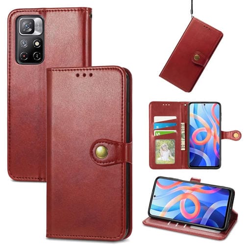 Para Xiaomi Redmi Note 11 Caja de cuero de cuero de hebilla de color sólido retro (rojo)
