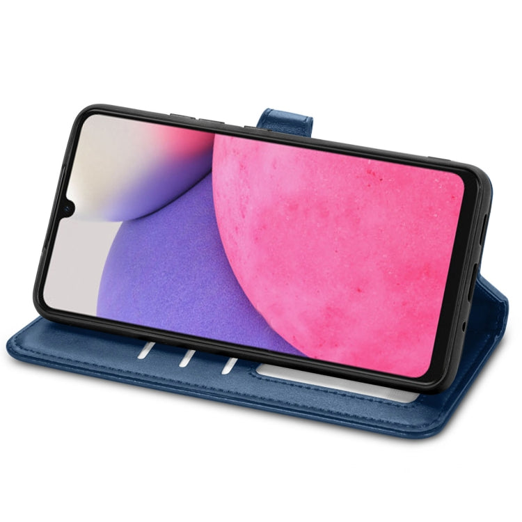 Caja de Cuero para Samsung Galaxy A33 5G con Hebilla de Cuero Color Azul