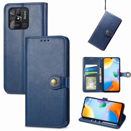 Para xiaomi redmi 10c retro color sólido hebilla de cuero funda telefónica (azul)
