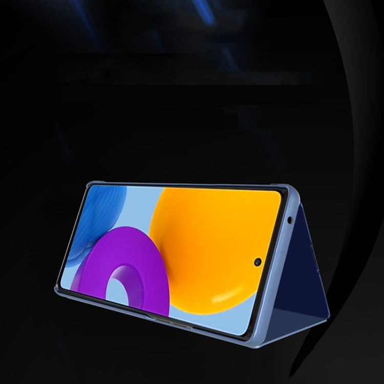 Para Samsung Galaxy M23 espejo plateado Caja de cuero de chancletas horizontales con soporte (azul púrpura)