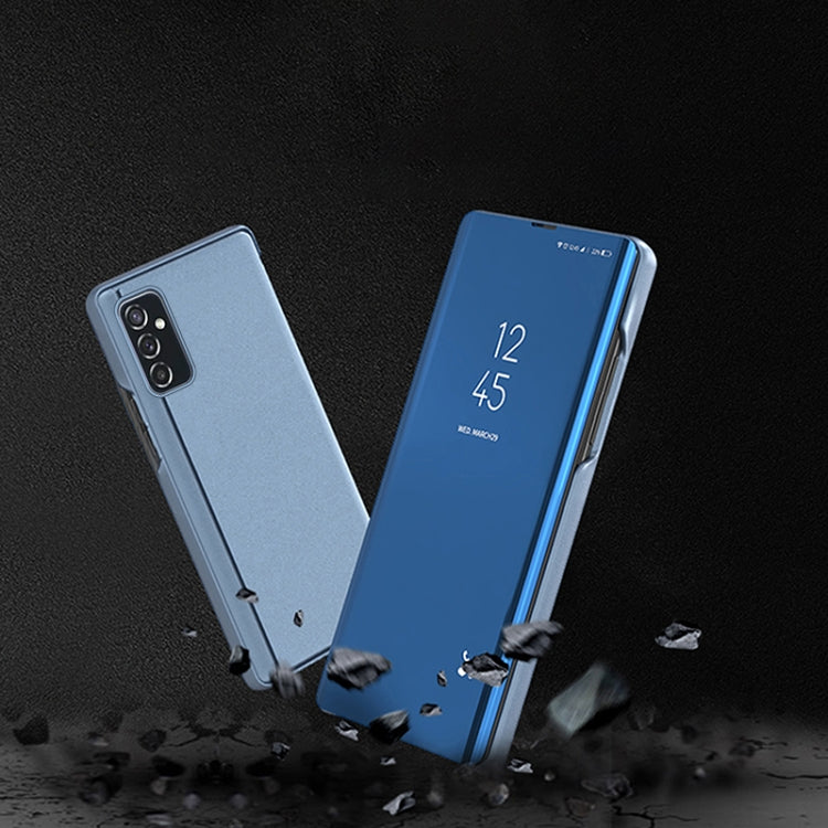 Para Samsung Galaxy M23 espejo plateado Caja de cuero de chancletas horizontales con soporte (azul púrpura)
