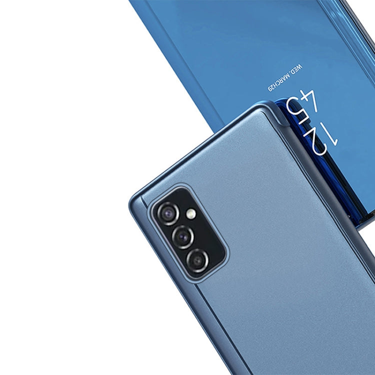 Para Samsung Galaxy M23 espejo plateado Caja de cuero de chancletas horizontales con soporte (azul púrpura)