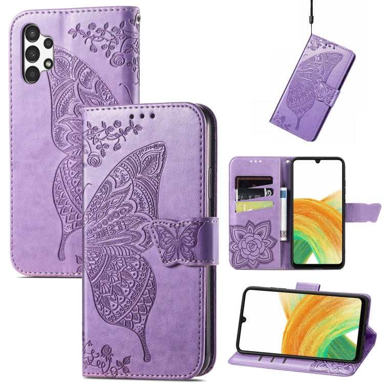 Para Samsung Galaxy A13 4G mariposa amor estuche de cuero en relieve (púrpura claro)