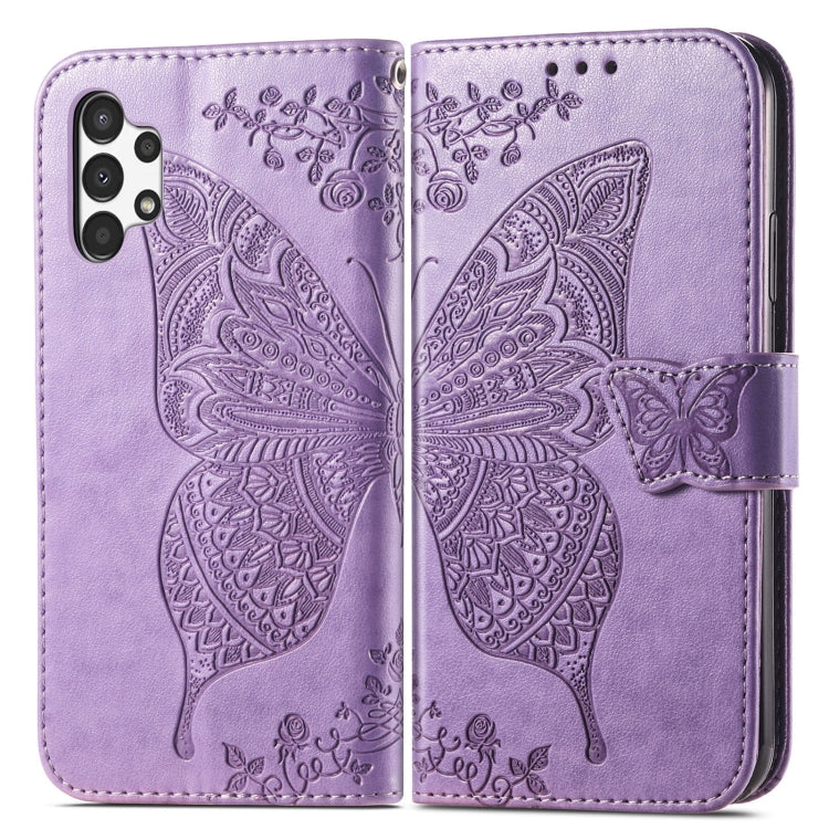 Para Samsung Galaxy A13 4G mariposa amor estuche de cuero en relieve (púrpura claro)