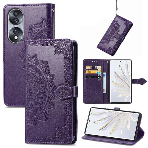 Funda Flip Leather Case para Honor 70 Mandala Flower Estampado Horizontal (Púrpura)