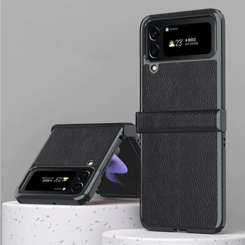 Para Samsung Galaxy Z Flip4 Litchi Texture Leather Metal Frame Bisagra Funda para teléfono (Negro)