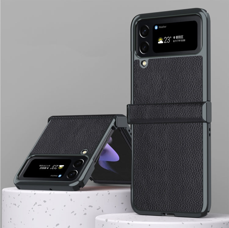 Para Samsung Galaxy Z Flip4 Litchi Texture Leather Metal Frame Bisagra Funda para teléfono (Negro)