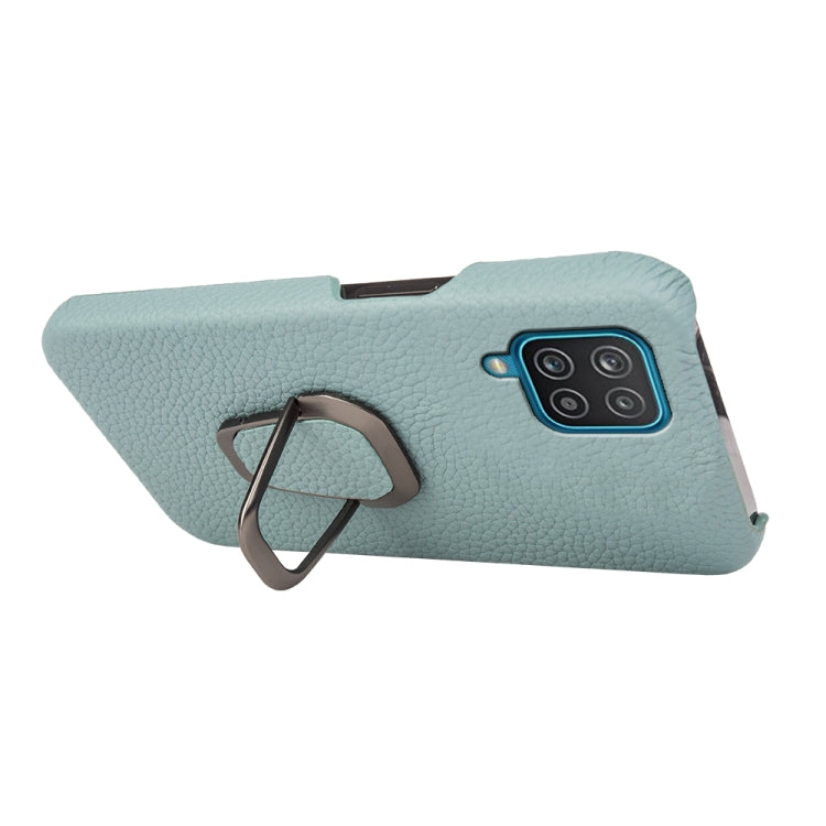 Para Samsung Galaxy A12 Ring Holder Litchi Texture Funda de cuero genuino para teléfono (cian)