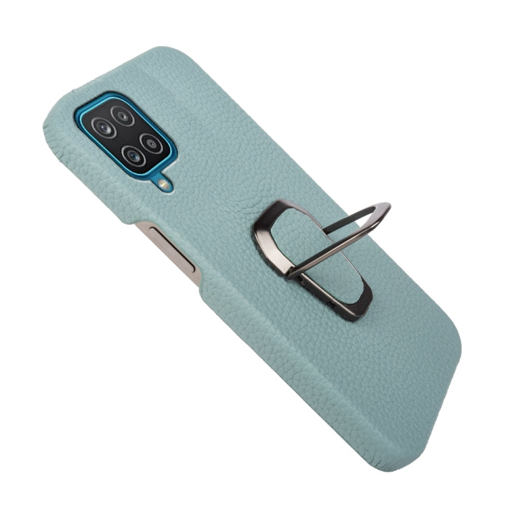 Para Samsung Galaxy A12 Ring Holder Litchi Texture Funda de cuero genuino para teléfono (cian)