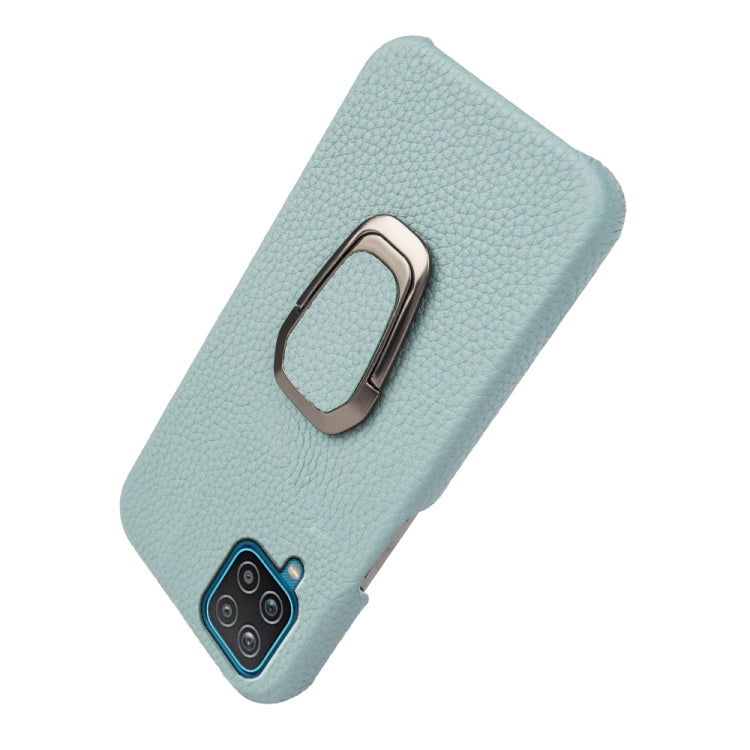 Para Samsung Galaxy A12 Ring Holder Litchi Texture Funda de cuero genuino para teléfono (cian)