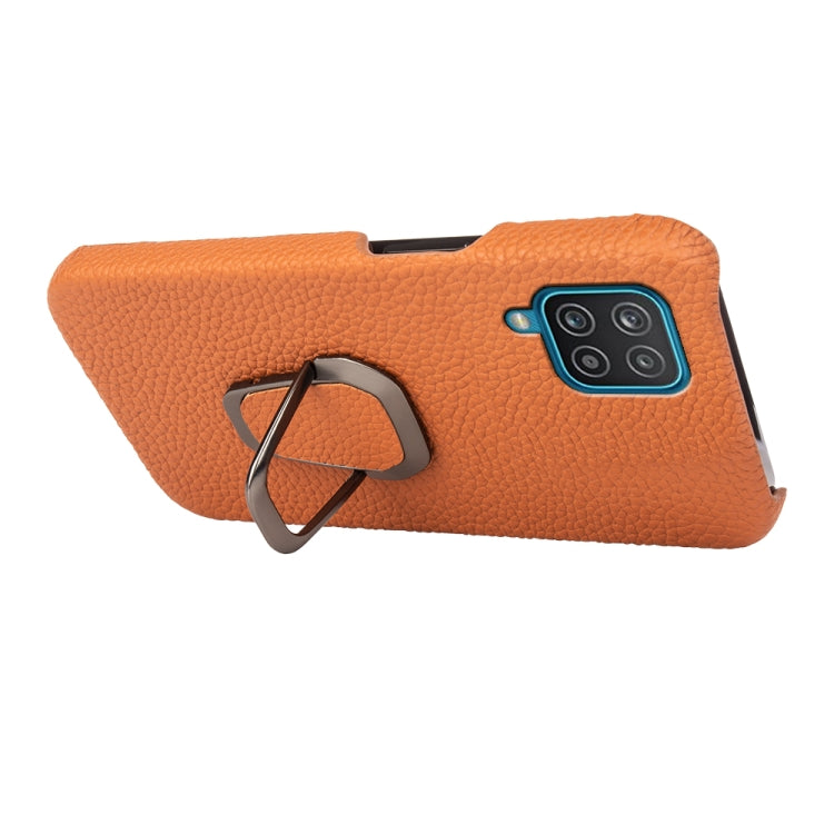 Para Samsung Galaxy A12 Ring Holder Litchi Texture Funda de teléfono de cuero genuino (marrón)