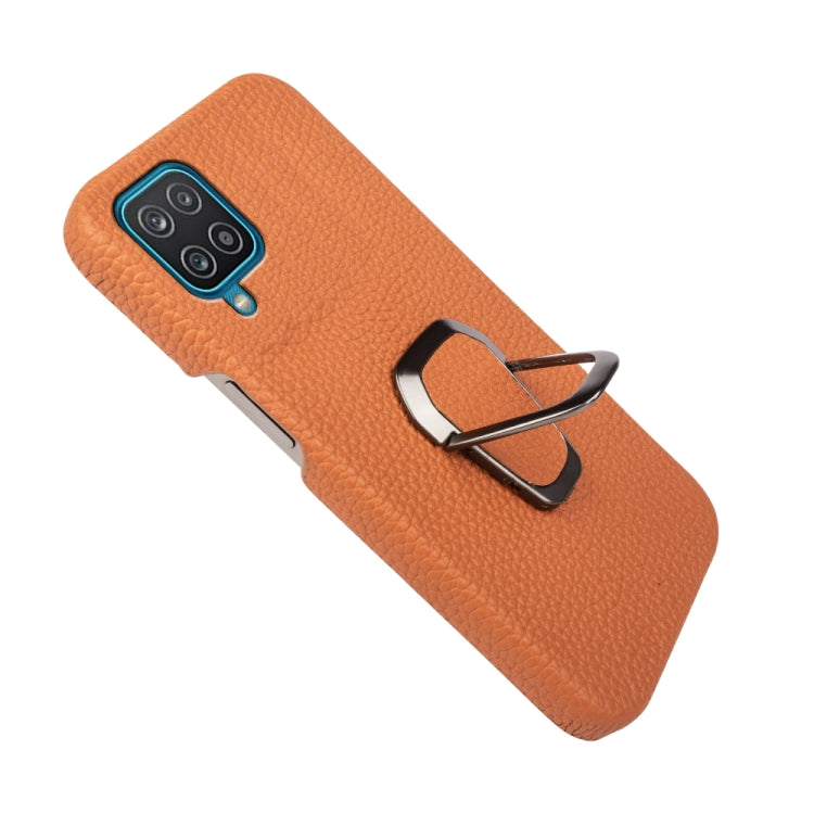 Para Samsung Galaxy A12 Ring Holder Litchi Texture Funda de teléfono de cuero genuino (marrón)