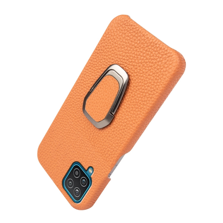 Para Samsung Galaxy A12 Ring Holder Litchi Texture Funda de teléfono de cuero genuino (marrón)