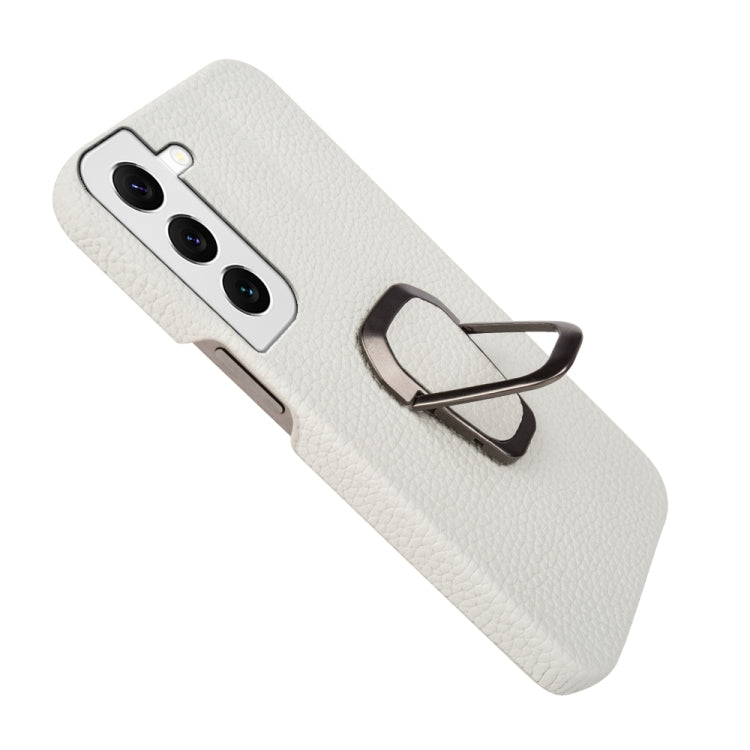 Para Samsung Galaxy S22 5G Ring Holder Litchi Texture Funda de cuero genuino para teléfono (Blanco)
