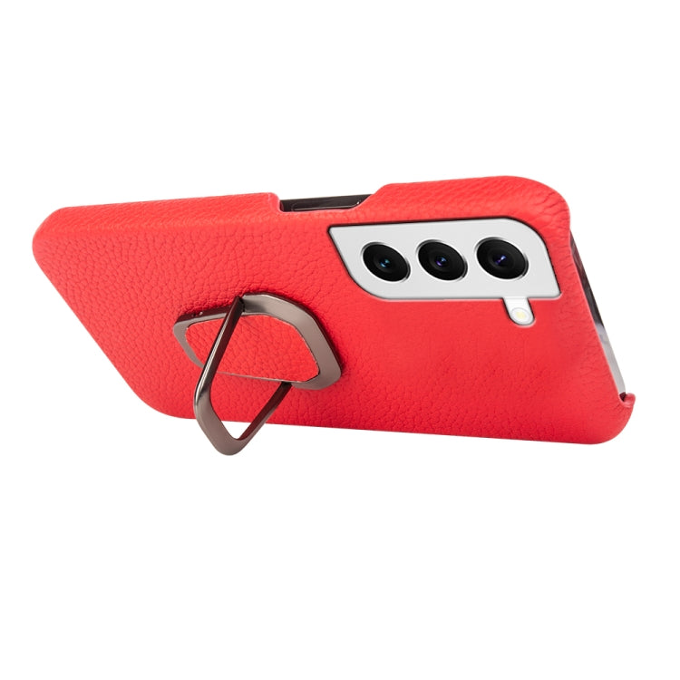 Para Samsung Galaxy S22 5G Ring Holder Litchi Texture Funda de cuero genuino para teléfono (Rojo)