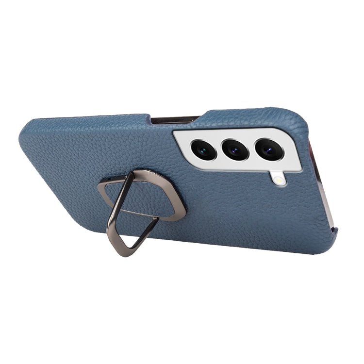 Para Samsung Galaxy S22 5G Ring Holder Litchi Texture Funda de cuero genuino para teléfono (Azul)