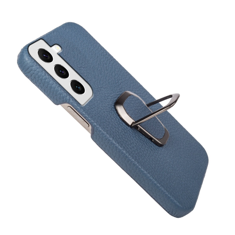 Para Samsung Galaxy S22 5G Ring Holder Litchi Texture Funda de cuero genuino para teléfono (Azul)