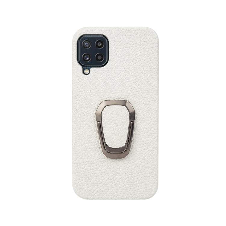 Para Samsung Galaxy M32 Ring Holder Litchi Texture Funda de teléfono de cuero genuino (Blanco)