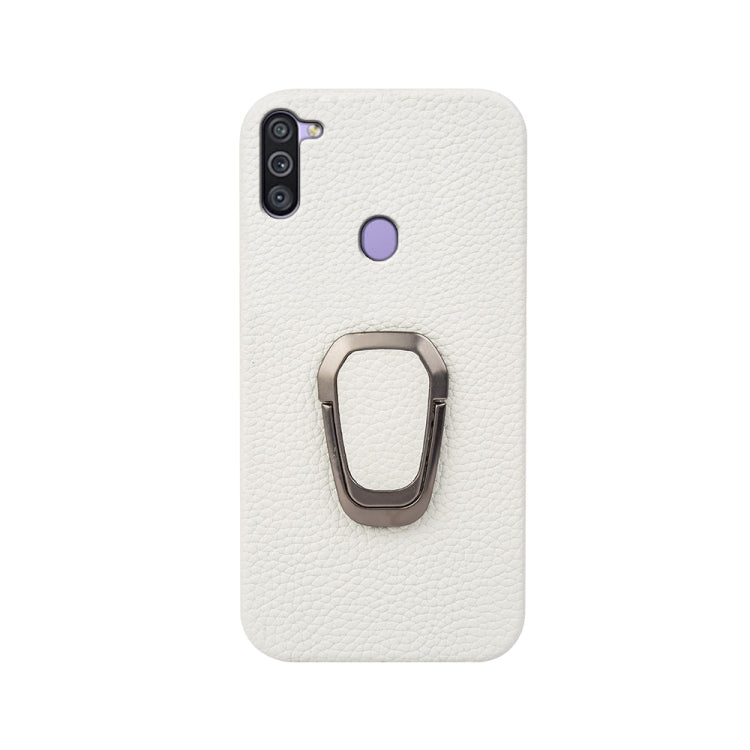 Para Samsung Galaxy A11 US Version Ring Holder Litchi Texture Funda de cuero genuino para teléfono (Blanco)