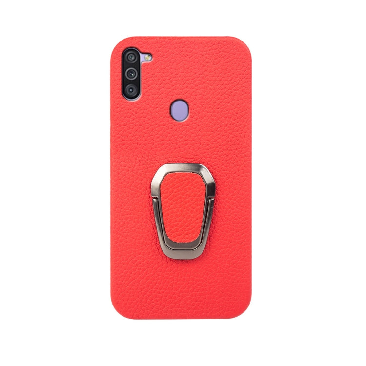Para Samsung Galaxy A11 US Version Ring Holder Litchi Texture Funda de teléfono de cuero genuino (Rojo)