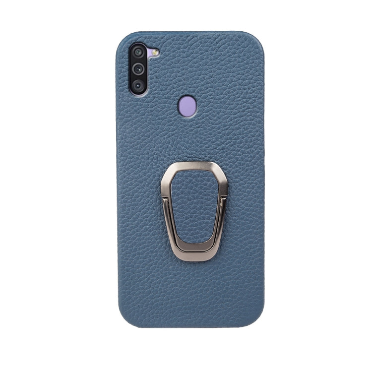 Para Samsung Galaxy A11 US Version Ring Holder Litchi Texture Funda de teléfono de cuero genuino (Azul)