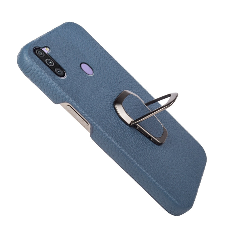 Para Samsung Galaxy A11 US Version Ring Holder Litchi Texture Funda de teléfono de cuero genuino (Azul)
