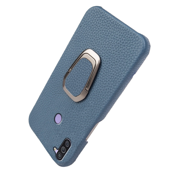 Para Samsung Galaxy A11 US Version Ring Holder Litchi Texture Funda de teléfono de cuero genuino (Azul)