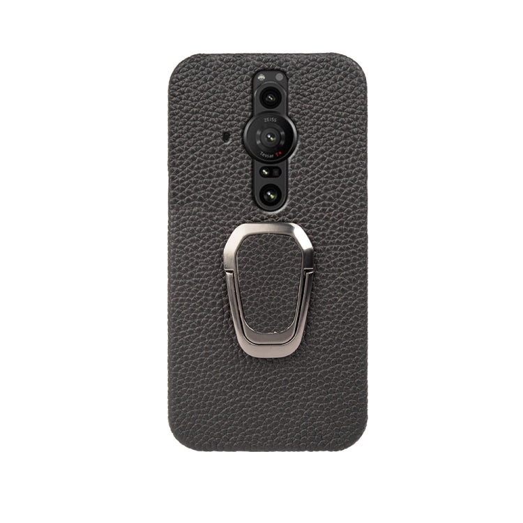 Para Sony Xperia Pro-l Ring Holder Litchi Texture Funda de teléfono de cuero genuino (Negro)