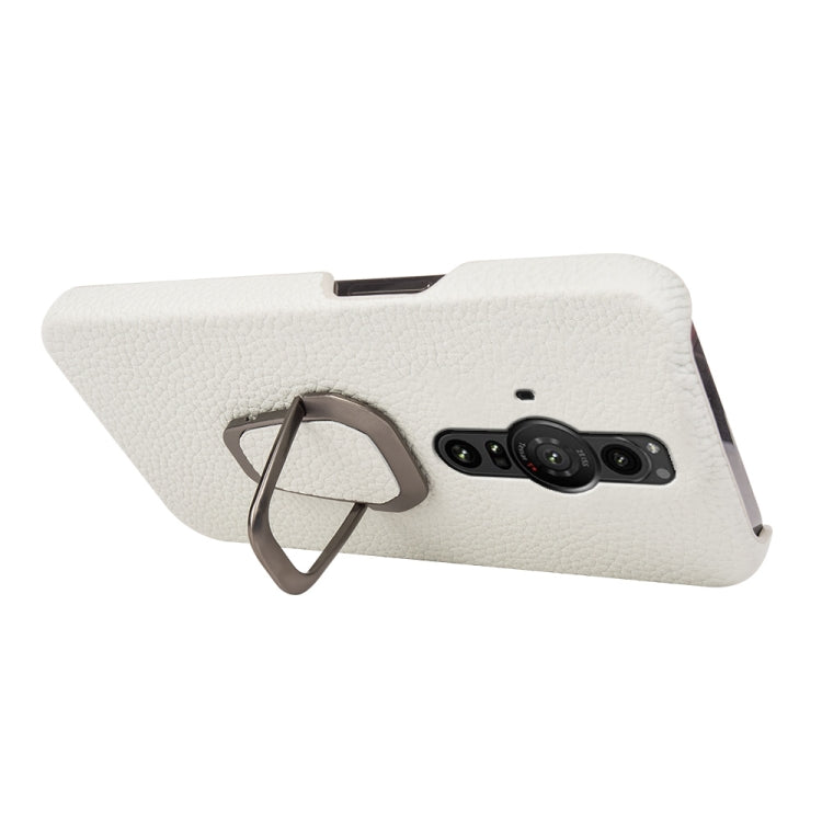 Para Sony Xperia Pro-l Ring Holder Litchi Texture Funda de teléfono de cuero genuino (Blanco)