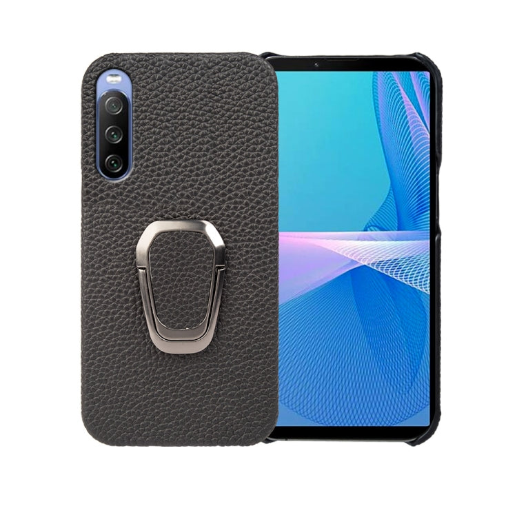 Para Sony Xperia 10 lll Ring Holder Litchi Texture Funda de teléfono de cuero genuino (Negro)