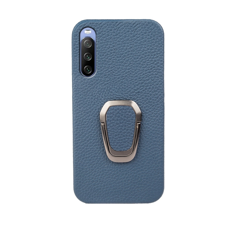 Para Sony Xperia 10 lll Ring Holder Litchi Texture Funda de teléfono de cuero genuino (Azul)
