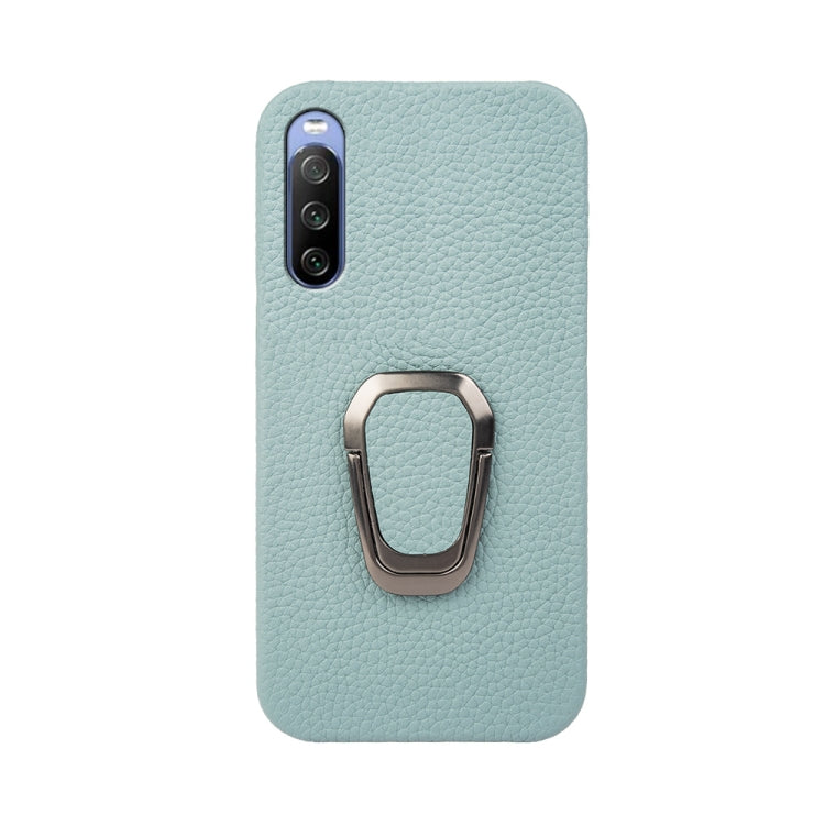 Para Sony Xperia 10 lll Ring Holder Litchi Texture Funda de teléfono de cuero genuino (cian)